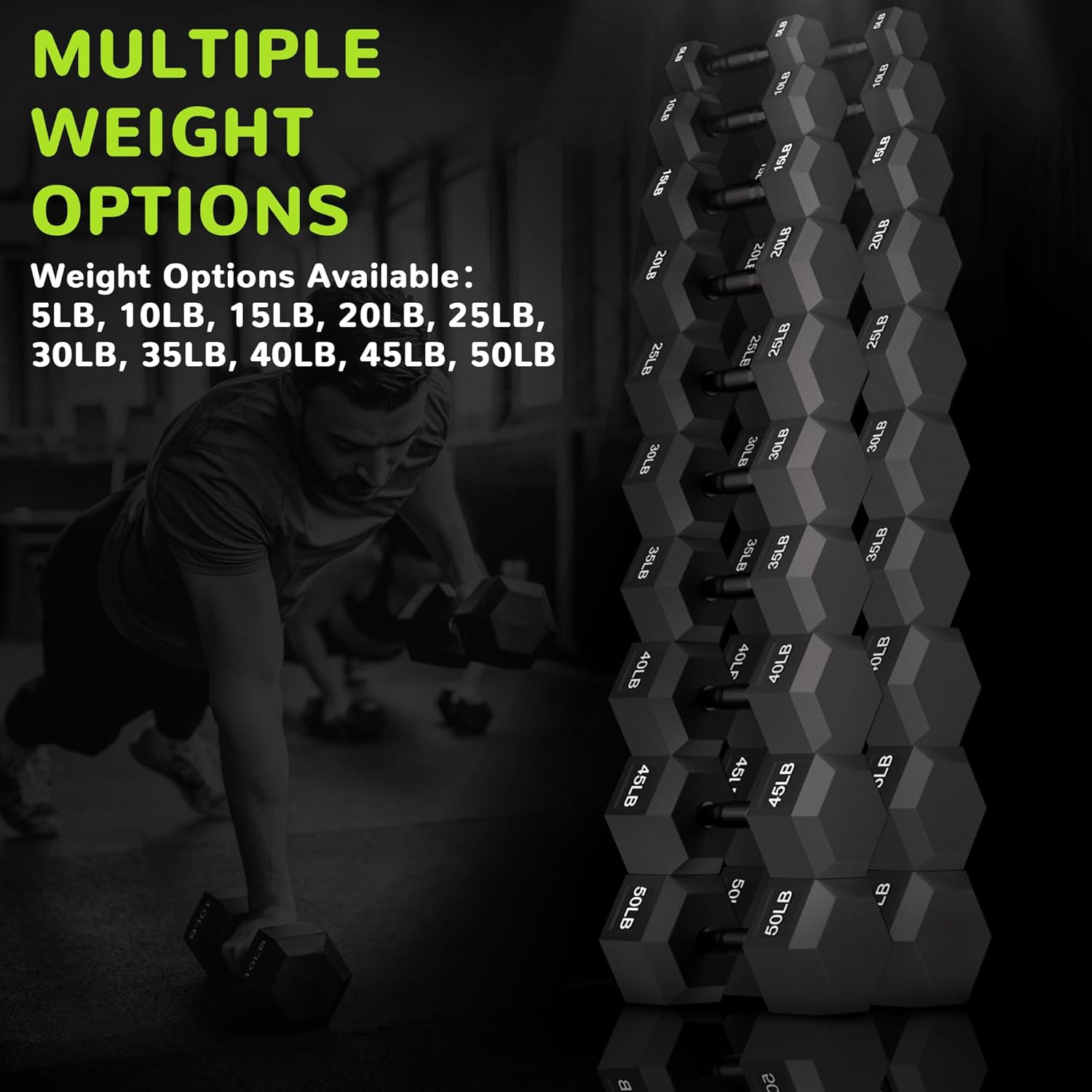 Fitvids Rubber Encased Exercise & Fitness Hex Dumbbell, Hand Weights with Anti-Slip Metal Handle for Home Gym, Multiple Sizes